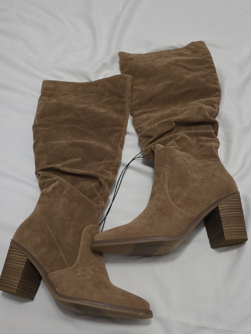 Women's Tan Suede Slouch Knee Boots - Classic Winter Style - Picture 1 of 7